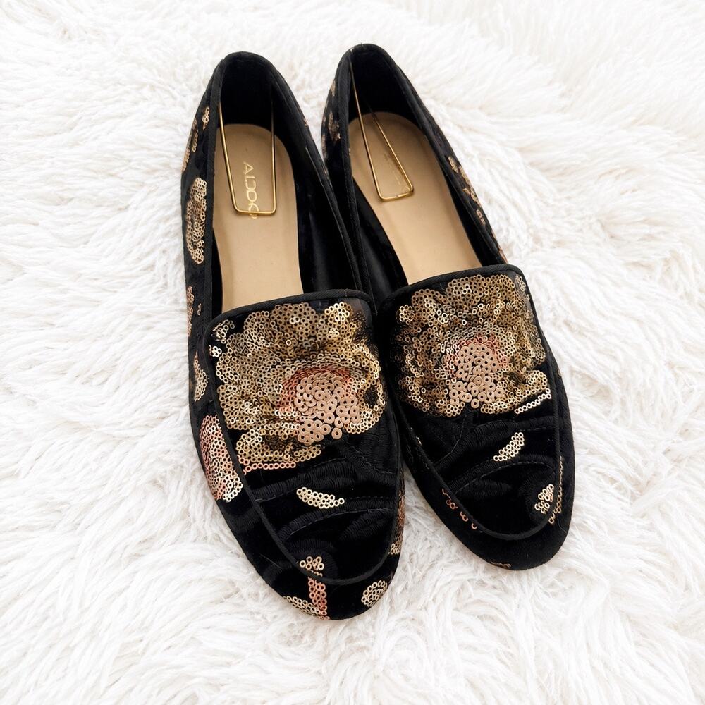 ALDO |‎ Black Velvet Floral Sequin Loafers Ballet Flats Gold Bronze | 10